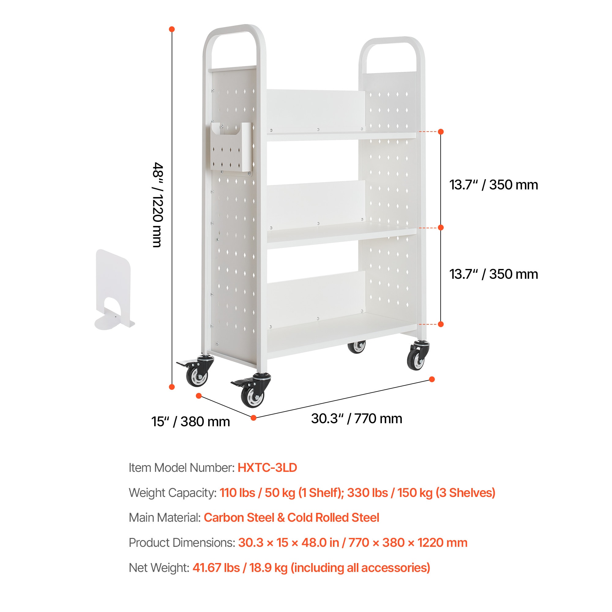 3-tier Rolling Book Cart With Single Sided L-shaped Shelving Unit_voghion.com